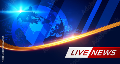 Breaking news vector background blue red earth globe dynamic lines. For news website header, social media story, mobile app splash, video stream live thumbnail. Real-time global digital coverage.