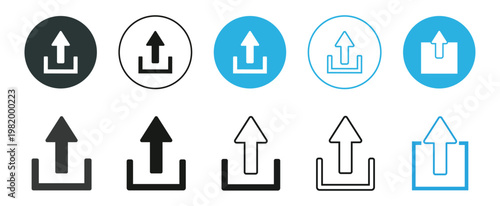 Set of upload icons arrow symbol in black and blue outline styles. Scroll arrow up icon sign - uploading file icon button, vector illustration