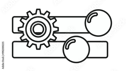 Black line vector icon illustration of settings sliders with a gear and toggle switches, representing configuration, adjustment, control panel, and customization options for software or apps.