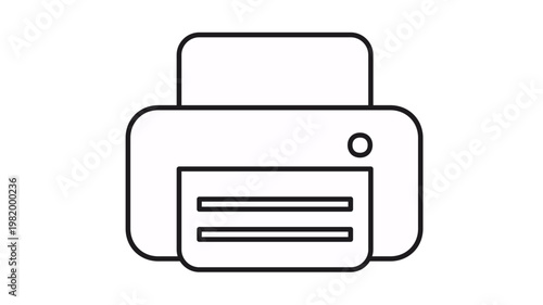 Minimalist black line art printer vector icon illustration, office equipment symbol for document printing and technology hardware, isolated on white background for graphic design projects.
