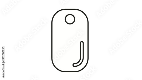 Minimalist black outline vector icon of a blank dog tag or identification label, featuring a rounded rectangular shape with a hole for a chain, isolated on a white background for design projects.