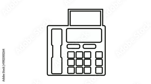 Minimalist black outline vector icon of a classic fax machine or office telephone with handset, digital display, number keypad, and paper feed tray for business communication and messaging.