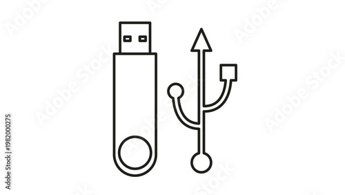 Minimalist black outline vector icon illustration of a USB flash drive and universal serial bus symbol, representing digital data storage, computer hardware, connectivity, and file transfer.