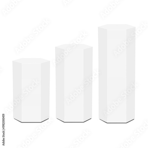 White blank hexagonal pedestal. Retail product display stand. Realistic vector mockup set. Exhibition plinth. 3d mock-up. Hexagon podium. Easy editable template for design