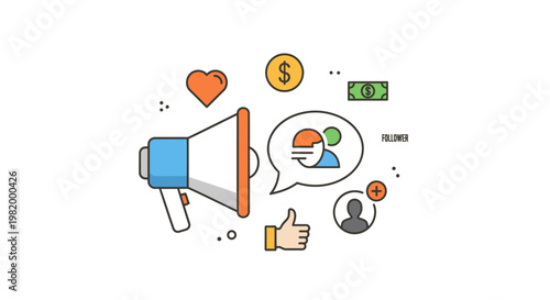 Social media marketing concept with megaphone and icons on a white background