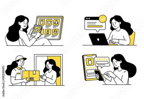 ​Online Shopping Process Concept Illustration Set with Woman Browsing, Buying, Receiving Package, and Writing Product Review in Minimalist Flat Vector Style