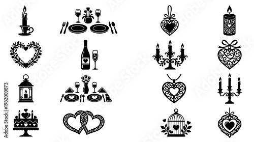 Black and White Romantic Icons Set: Hearts, Candles, Cakes, Table Setting