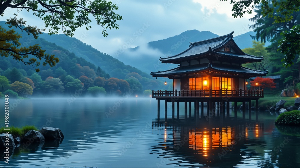 Obraz premium beautiful landscape japanese temple shore lake temple traditional japanese pagoda black roof wooden pillars surrounded lush greenery trees lake calm still sky blue few clouds background mountains