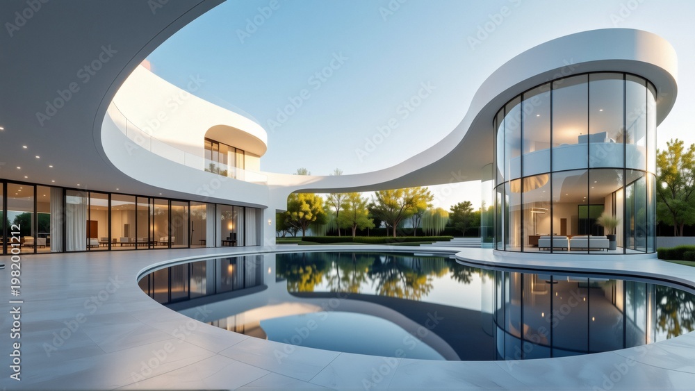 Fototapeta premium rendering modern luxurious building curved architectural design building has white exterior large glass windows both sides allowing natural light enter space entrance building side large circular