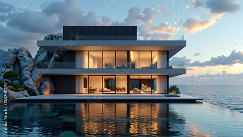 rendering modern luxury house cliff overlooking ocean house two story building flat roof large windows second floor exterior house concrete glass large balcony third floor glass railing balcony