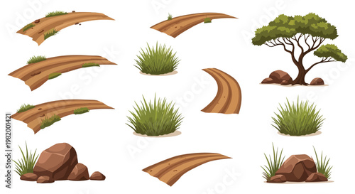Set of 11 Cartoon Dirt Road, Grass Bush, Tree, and Rock Vector Elements