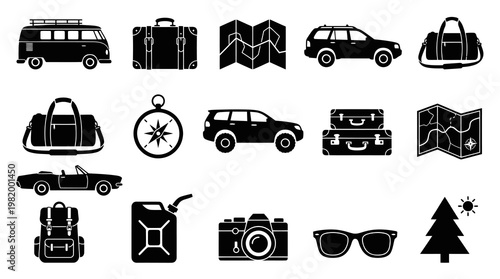 Black  White Travel Icons: Suitcases, Cars, Bags, Camera, Map, Compass, Sunglasses, Tree