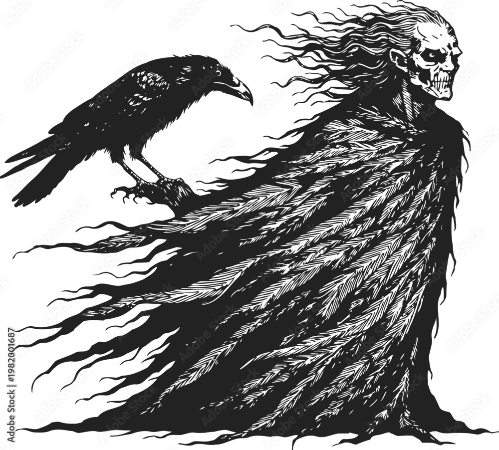 Obraz premium Dark skeletal figure with flowing cloak and raven perched on arm, gothic horror illustration