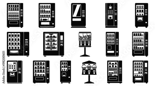 Black  White Glyph Icons of Vending Machines, Industry  Technology