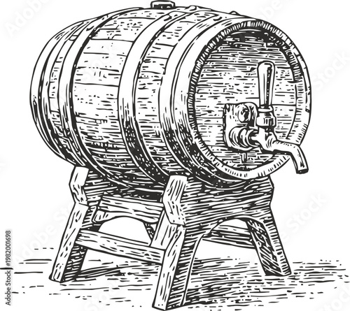 Vintage wooden barrel with tap on stand hand drawn alcohol container, rustic keg for aging and dispensing beverages