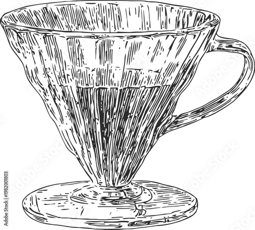 vintage hand drawn coffee dripper with handle and base for pour over brewing method