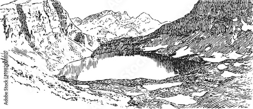 mountain lake landscape with rocky hills and snow patches in wilderness area
