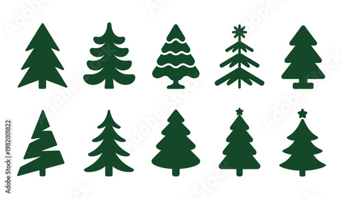Diverse illustrations of evergreen trees with unique decorative star toppers
