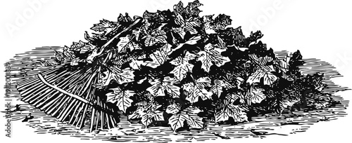 Pile of autumn leaves with rake hand drawn garden foliage leaf heap for seasonal cleanup and yard maintenance