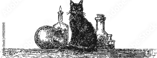 Black cat sitting among vintage glass bottles and lit candle, old fashioned still life illustration