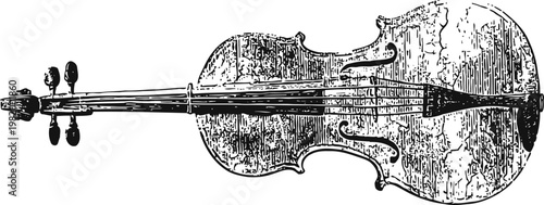 Detailed vintage illustration of a classical violin viewed from above, showcasing intricate wood texture