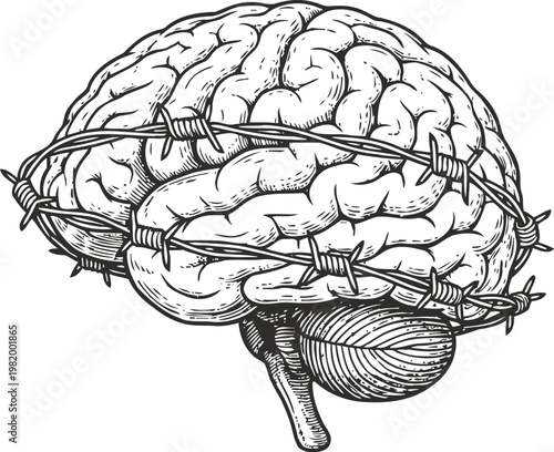 Human brain wrapped in barbed wire symbolizing mental pain and psychological struggle concept