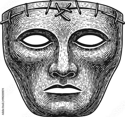 ancient tribal mask illustration with stitched detail and carved facial features