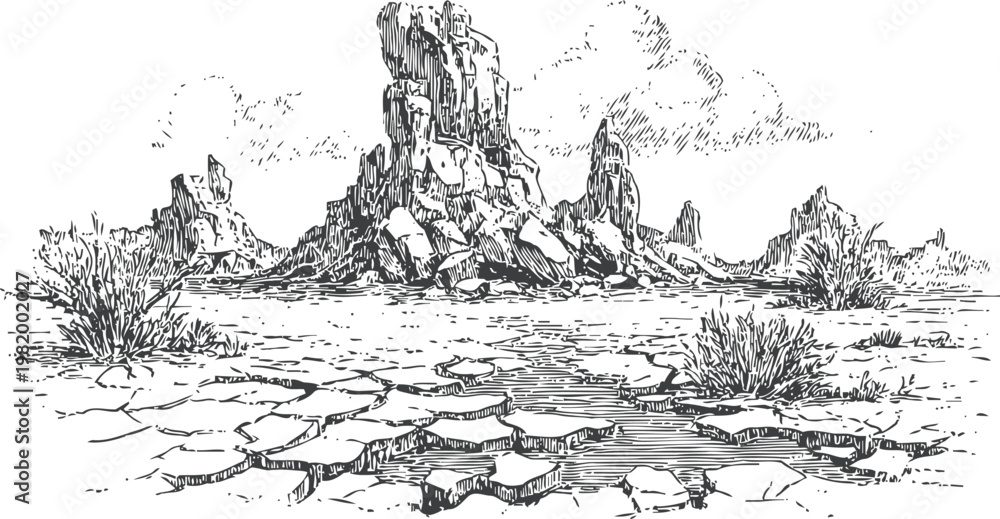 Obraz premium Desert landscape with rocky mountain formation and cracked dry earth under cloudy sky