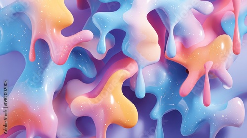 Intertwined, glossy, pastel-colored liquid forms display glistening textures and drips.