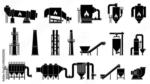 Industrial Power Plant Processing Equipment Glyphs Set Vector