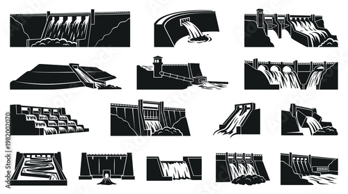 Hydroelectric Dam Infrastructure Black  White Silhouette Vector Icons Set