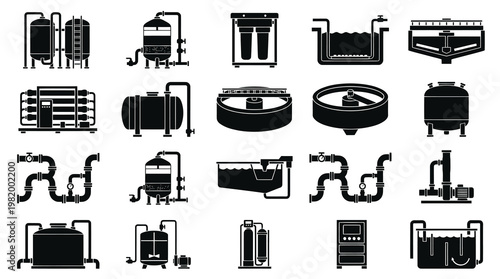 Water Purification Equipment Icons Set, Black  White Glyph Art