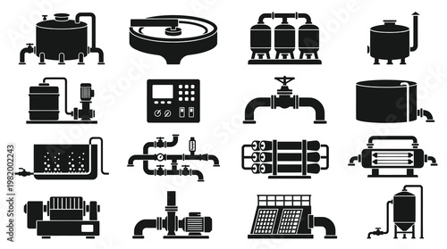 Water treatment equipment icons, industrial process machinery, black glyph set