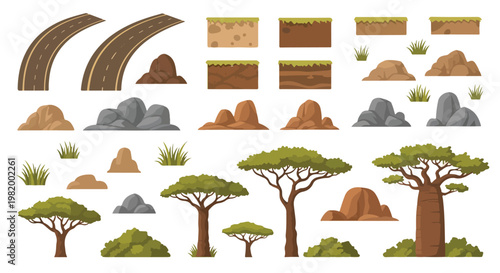 Set of African Savanna Game Assets Vector