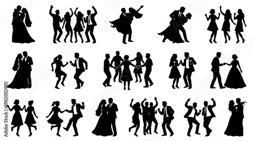 Black  White Silhouettes of Dancing Couples and Groups at a Party