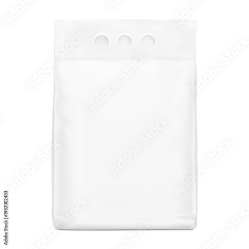 Realistic stand bag with three hole handle mockup for chemical products, cat litter, pet food. Front view. Vector illustration isolated on white background. Can be use for template your design. EPS10.