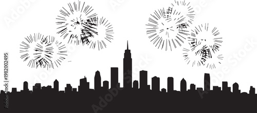City skyline with fireworks celebration silhouette vector illustration line art urban view