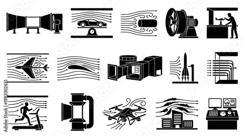 Aerodynamics Wind Tunnel Testing Glyph Icons Set. Fluid Dynamics, Airflow Engineering