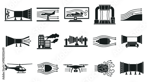 Aerodynamics Engineering Wind Tunnel Airflow Black  White Glyph Icons Set