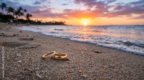 A pair of wedding rings on the beach sand with the sea and a beautiful sunset in the background