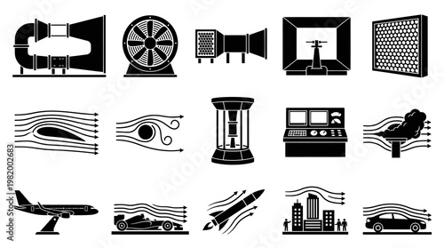 Aerodynamics Wind Tunnel Testing Glyph Icons Set. Engineering, Science  Fluid Dynamics Solid Symbols