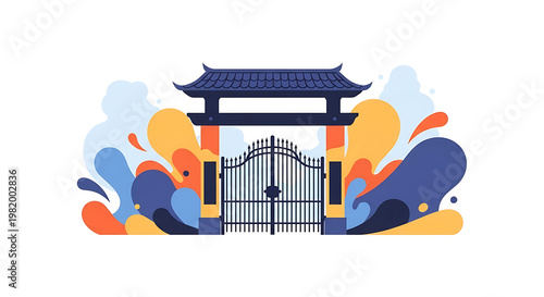 Traditional Asian gatehouse with ornate roof and decorative fence, surrounded by abstract colorful shapes and flowing elements, architectural landmark and cultural symbol