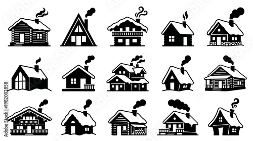 Winter Holiday Houses and Cabins Black  White Glyph Icon Set