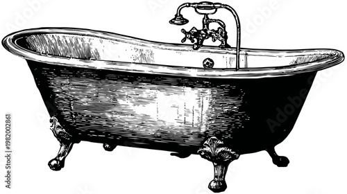 A detailed monochrome drawing of an antique claw-foot bathtub, complete with faucet and shower head