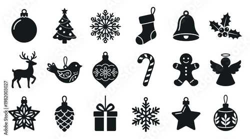 Black  White Christmas Holiday Ornaments and Decorations Glyph Icons Set