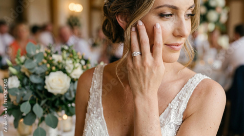 Photo of a bride's face with her hand covering her face, focusing on her wedding ring