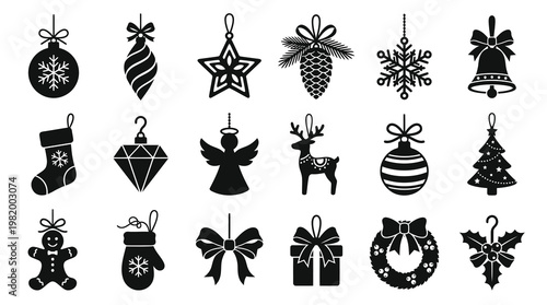 Black and White Christmas Holiday Ornaments Glyph Icons Set. Winter Decoration Collection