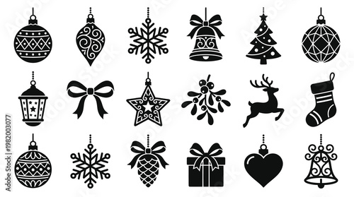 Christmas Ornaments Icons Black and White Vector Glyph Collection