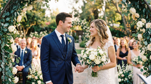 Loving newlyweds gazing at each other with guests out of focus in the background