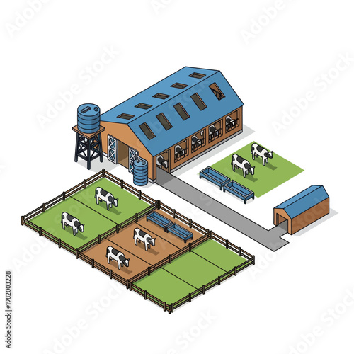 Farm with cows and barn illustration.